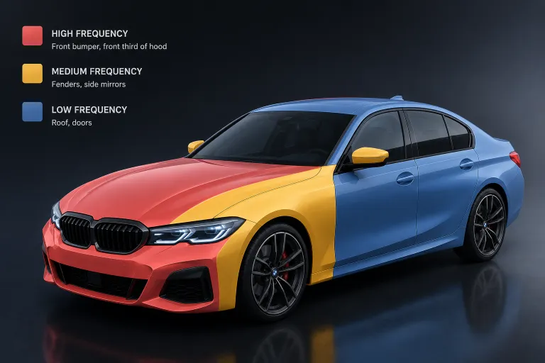 Paint Protection Film coverage areas heatmap showing partial and full front protection zones