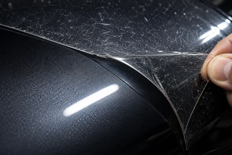 Damaged paint protection film being peeled off to reveal flawless factory paint underneath
