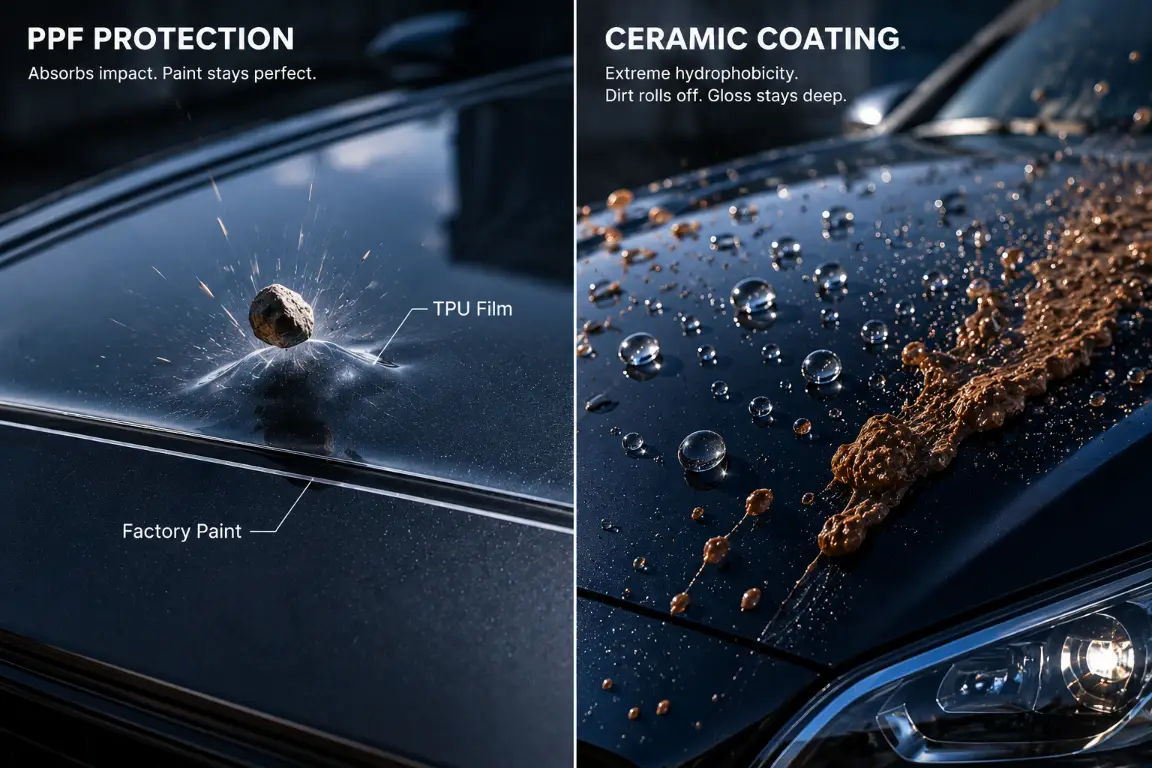 Microscopic thickness comparison between PPF and Ceramic Coating on car paint