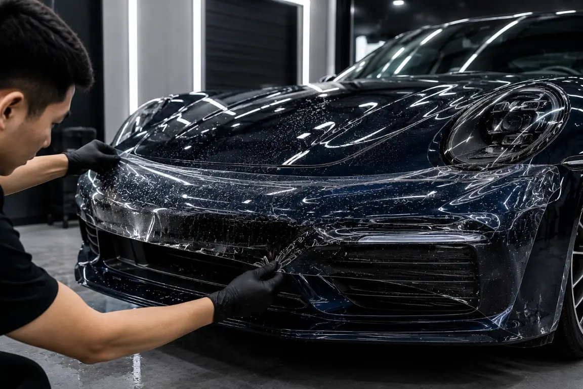 Professional precise pre-cut PPF installation without using blades on factory paint