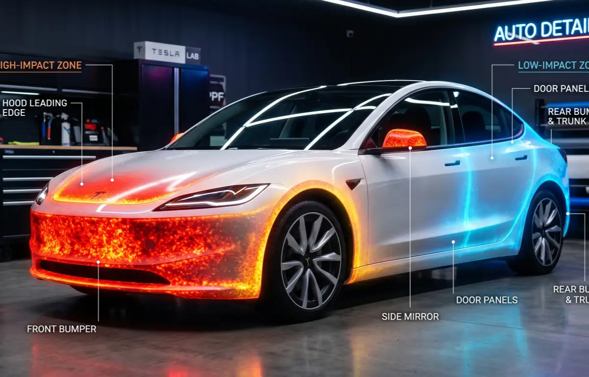 Tesla Damage Heatmap showing rock chip high impact zones for PPF installation