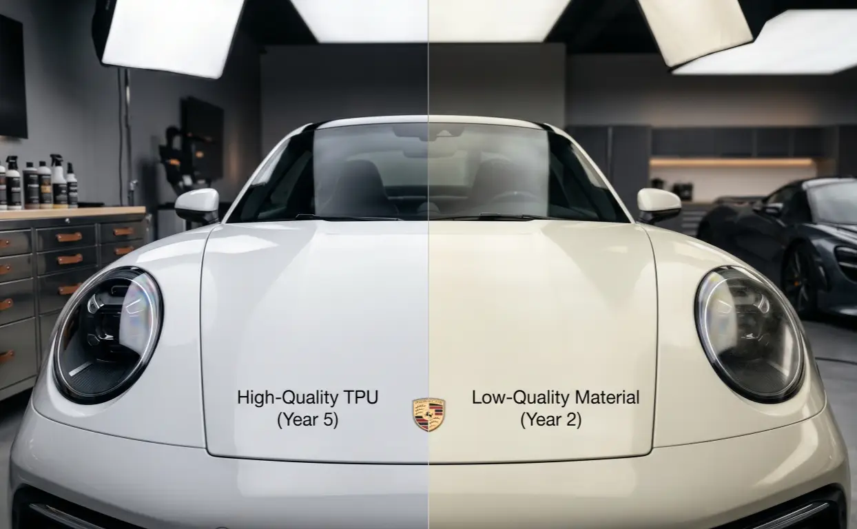 Paint protection film aesthetic vs functional lifespan yellowing comparison on white car