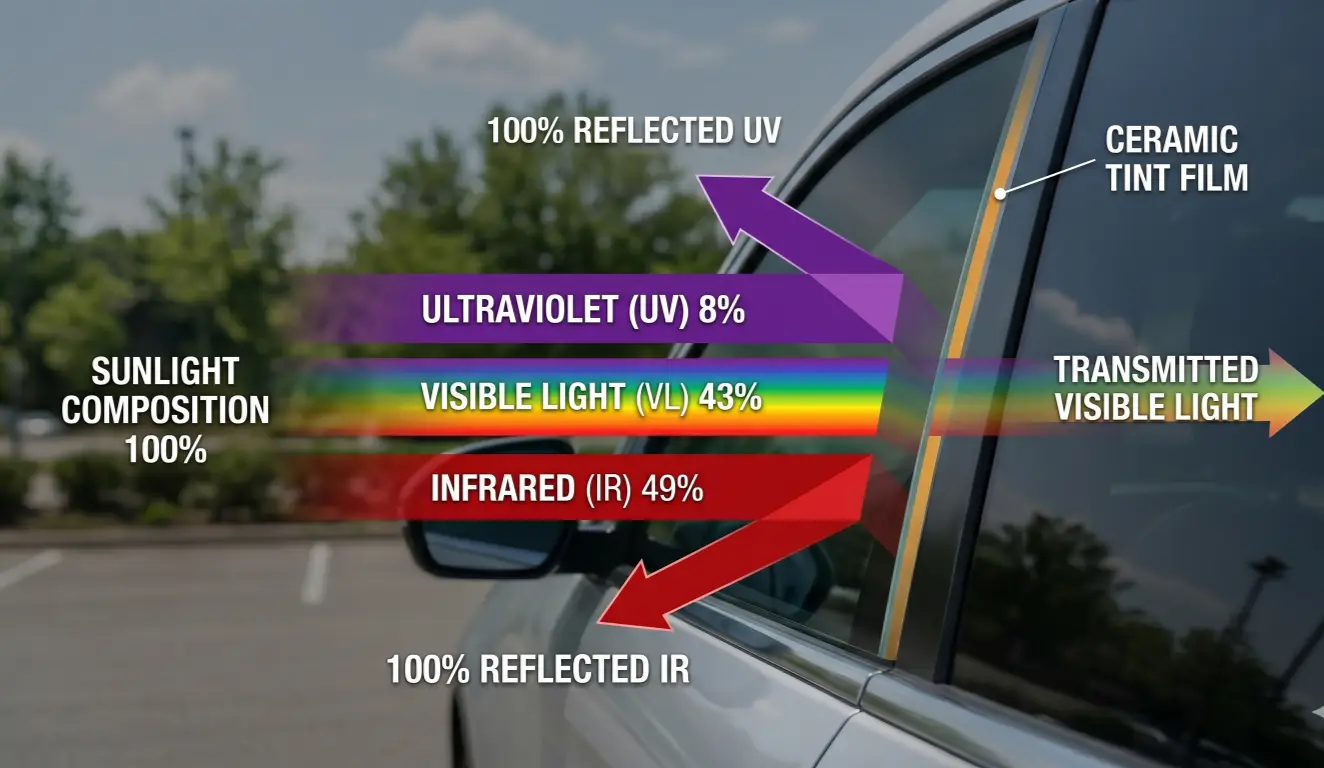 TSER diagram explaining how nano-ceramic window tint blocks UV rays and infrared heat