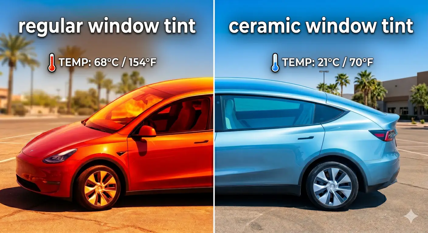 Thermal imaging comparison of ceramic tint vs regular dyed tint reflecting heat