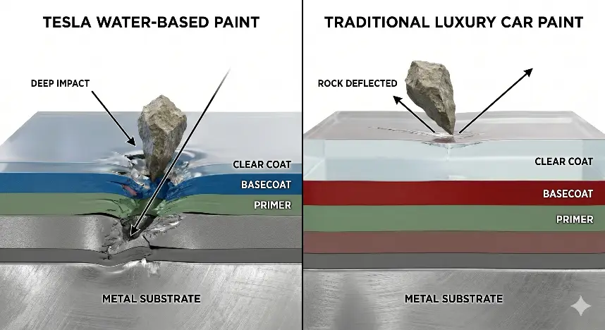 Cross-section diagram showing Tesla water-based paint thickness vs traditional clear coats and rock chip impact