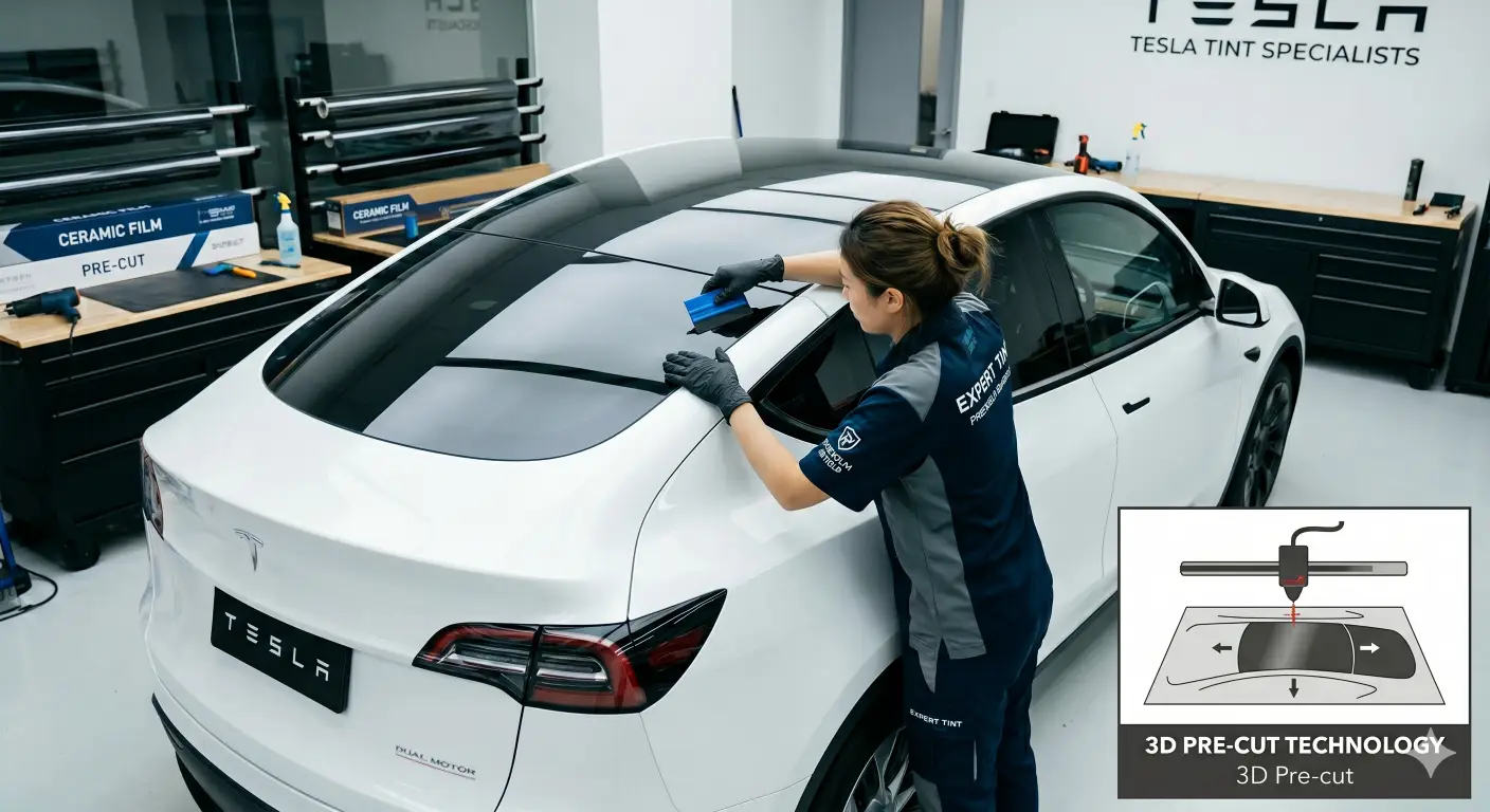 Professional installing pre-cut ceramic window tint on Tesla panoramic roof