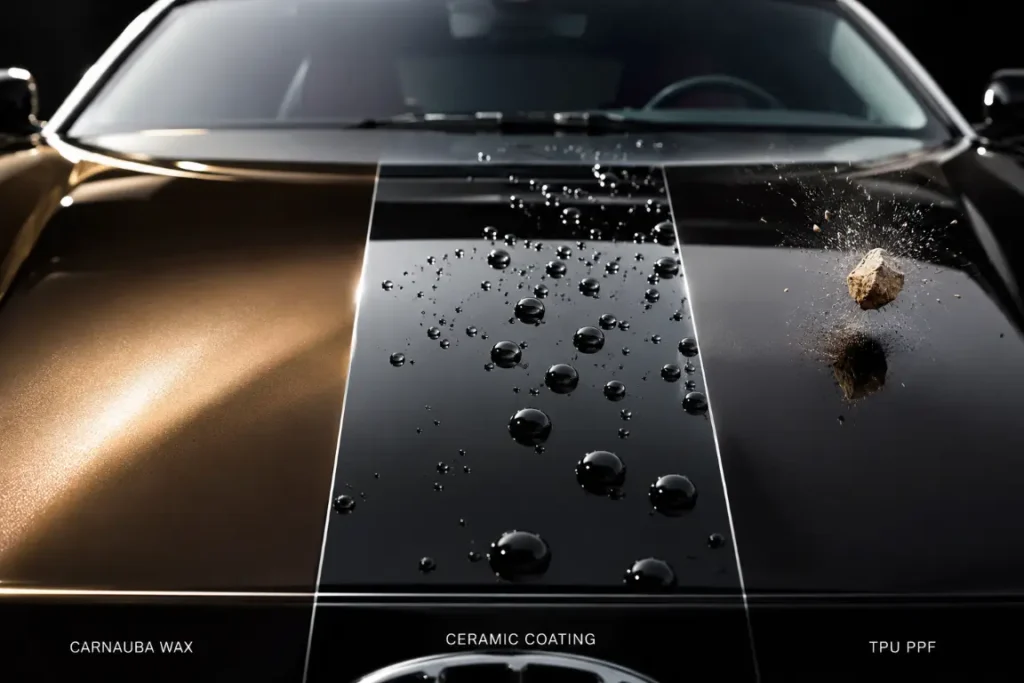 Comparison of Carnauba Wax, Ceramic Coating, and Paint Protection Film on car paint