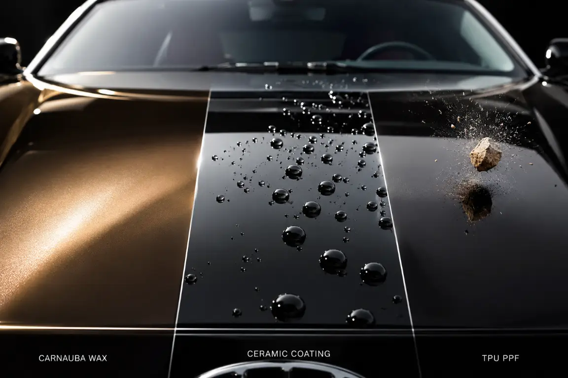 Comparison of Carnauba Wax, Ceramic Coating, and Paint Protection Film on car paint