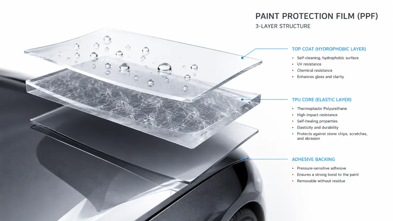 3D cross-section view of Paint Protection Film structure]